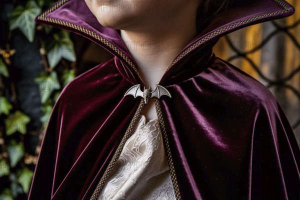Close-up of bat clasp on velvet halloween costume vampire cloak on boy child. Generative ai, AI generated