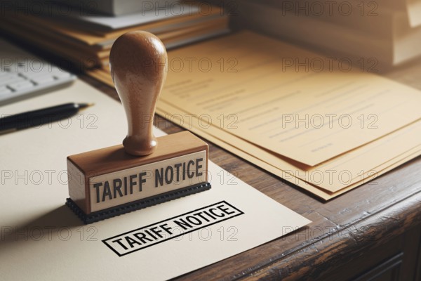 Close-up of worn Tariff Notice stamp on wooden desk with faded documents in background. Generative ai, AI generated
