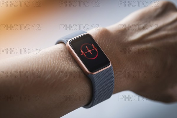 Close-up of wearable health tracker on wrist showing glowing heart rate data in soft, warm light. Generative ai, AI generated