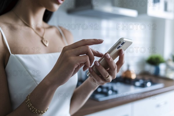 Close-up of manicured hands holding smartphone as glamorous housewife influencer films in luxury kitchen. Generative ai, AI generated