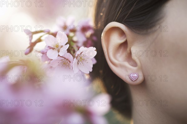 Close-up of heart-shaped pink earrings on woman's ear with cherry blossoms in warm sunlight. Generative Ai, AI generated
