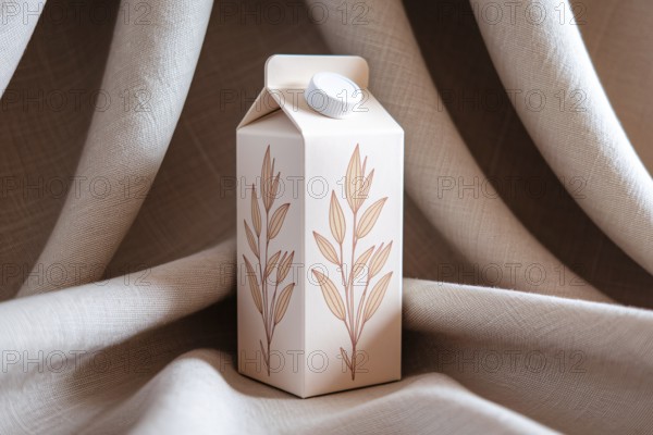 Minimalist oat milk carton with pastel oat illustrations on textured linen backdrop in warm natural light. Generative ai, AI generated
