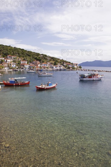Boats in the harbour of Agia Kiriaki on the Aegean Sea, Pelion or Pelion Peninsula, Magnisia, Thessaly, Greece