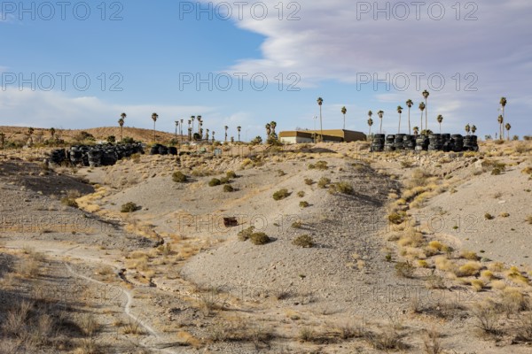 Stacks of old rubber tires in the desert at Echo Bay, Nevada, USA