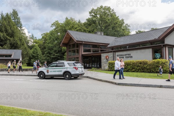 U. S. Park Ranger vehicle outside of the Oconaluftee Visitor Center at Great Smoky Mountains National Park near Cherokee, North Carolina, USA