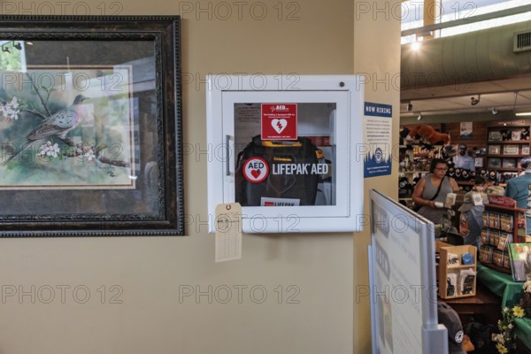 Automated Emergency Defibrillator at the Oconaluftee Visitor Center at Great Smoky Mountains National Park near Cherokee, North Carolina, USA