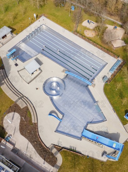 Aerial view of the entire swimming pool area with water slides and green areas, renovation of the swimming lines, Calw Stammheim outdoor pool, Calw, Black Forest, Germany