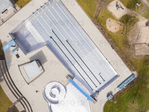 Aerial view of an empty swimming pool with clearly marked swimming lanes, renewal of the swimming lines, Calw Stammheim outdoor pool, Calw, Black Forest, Germany