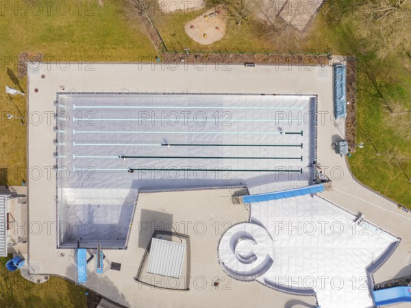 Aerial view of the entire area with geometric shapes and neighbouring green areas, renewal of the swimming lines, Calw Stammheim outdoor pool, Calw, Black Forest, Germany