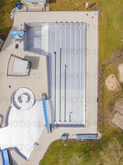 Aerial view of the swimming area with large lawn and surrounding green park, renewal of the swimming lines, Calw Stammheim outdoor pool, Calw, Black Forest, Germany