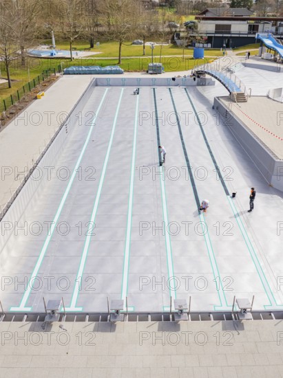 Bird's eye view of the swimming pool in a green area, renovation of the swimming lines, Calw Stammheim outdoor pool, Calw, Black Forest, Germany