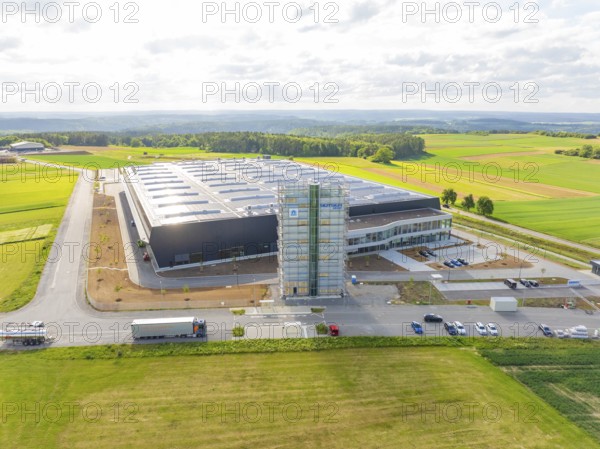 Spacious landscape with a large industrial building and fields, ING Park development area, Zweckverband INGpark Nagold Gäu, Boysen, Nagold, Germany