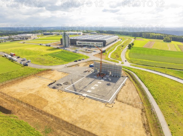 Extensive landscape with an area under construction and surrounding fields, ING Park development area, Zweckverband INGpark Nagold Gäu, Nagold, Germany