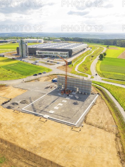 Aerial view of a construction site in the middle of a rural landscape with fields, ING Park development area, Zweckverband INGpark Nagold Gäu, Nagold, Germany