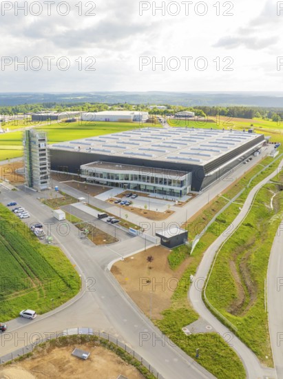 Bird's eye view of large industrial building with surrounding fields and roads, ING Park development area, Zweckverband INGpark Nagold Gäu, Nagold, Germany