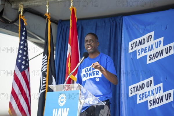 Detroit, Michigan USA - 7 June 2025 - Members of the United Auto Workers rally to support Rev. Solomon Kinloch, candidate for mayor of Detroit. Kinloch is a former UAW member and now pastor of the nondenominational Triumph Church, which has 40, 000 members in eight locations