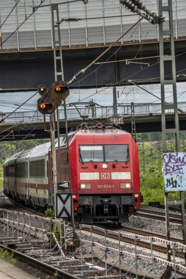 IC train, Intercity, on the line between Bochum and Dortmund, at Dortmund-Marten, multi-track line for local and long-distance traffic, Dortmund, North Rhine-Westphalia, Germany