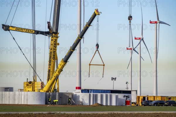 Construction site of the new Bedburg 3 wind farm, on recultivated open-cast mining site, 9 wind power plants with an output of 60 megawatts are being built, finished foundation on which the wind turbine tower is then built, operated by RWE and the city of Bedburg, North Rhine-Westphalia, Germany