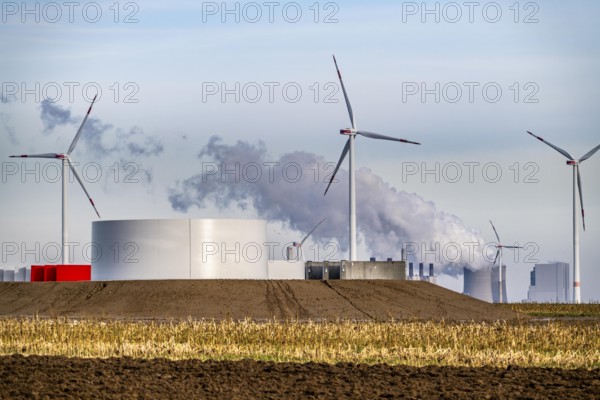 Construction site for the expansion of the wind farm east of Jackerath, in the Rhenish lignite mining district, in the background, the Neurath lignite power plant, North Rhine-Westphalia, Germany