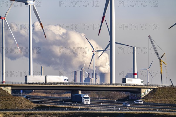 RWE Power brown coal power plant Neurath, RWE wind farm, Jackerath motorway junction, A44 and A61, near Bedburg, North Rhine-Westphalia, Germany