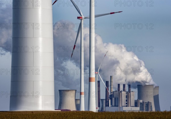 The RWE brown coal power plant in Neurath, wind farm, Rhenish lignite mining district of North Rhine-Westphalia, Germany