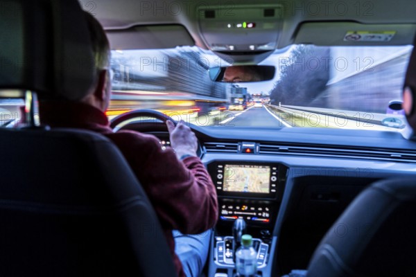 Driving on the A40 motorway, motorway access, Ruhrschnellweg, in heavy traffic, driver's perspective, Essen, North Rhine-Westphalia, Germany