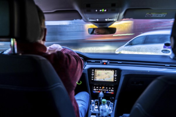 Driving in the city center, in heavy traffic, driver's perspective, Essen, North Rhine-Westphalia, Germany