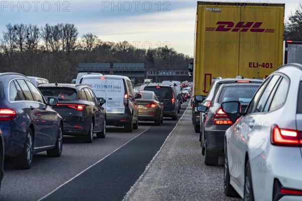 Driving on the A3 motorway, at the Breitscheid motorway junction, 3 lanes, over 7 km traffic jam due to construction sites at the Duisburg-Kaiserberg junction, North Rhine-Westphalia, Germany
