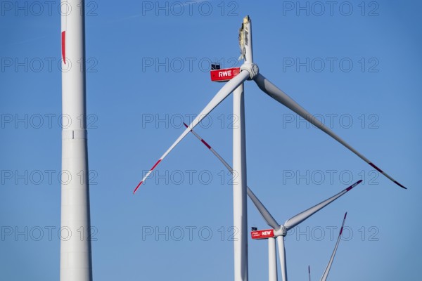Defective wind turbine, bent rotor blade, in the Bedburg A44n wind farm, in the Garzweiler open-cast mining area, on the A44 motorway, on recultivated lignite mining area, for unknown reasons is a rotor of a Nordex N149/5.7 wind turbine, with a hub height of 164 meters and a total height of 239 meters, an output of 5.7 MW and a rotor diameter of 149 m, bent, the wind turbine is part of a wind farm of a joint venture between the City of Bedburg and RWE Renewables Europe & Australia, North Rhine-Westphalia, Germany