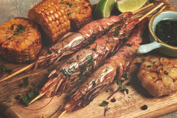 Langoustines on skewers, shrimp kebab, with fried corn, spices and herbs, homemade, no people
