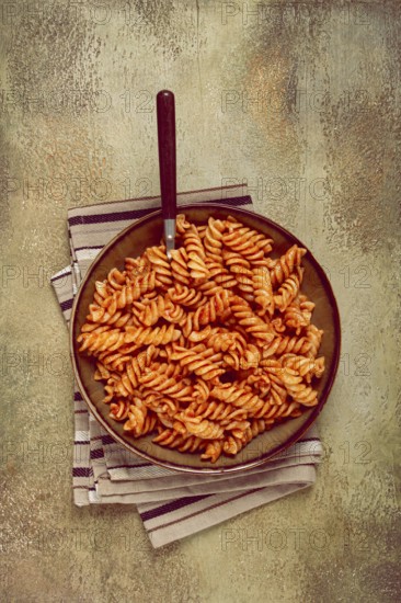 Fusilli pasta dish, made with tomato sauce, homemade, no people