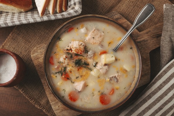 Finnish fish soup, lohikeito soup, creamy fish soup, rustic style