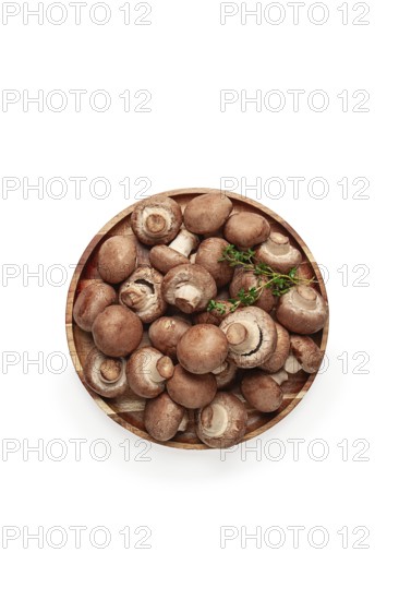 Brown champignons, royal mushrooms, in a wooden bowl, on a white background, isolate