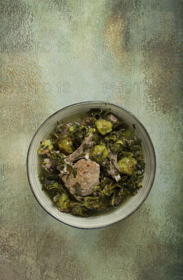 Chakapuli, Georgian dish, stewed meat with herbs and tkemali, in white wine, homemade, no people