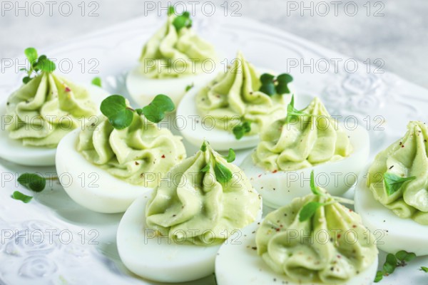 Snack, stuffed eggs with avocado, homemade, no people