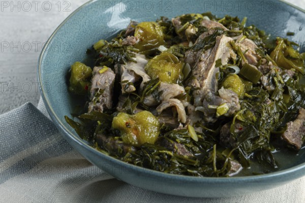 Chakapuli, Georgian dish, stewed meat with herbs and tkemali, in white wine, homemade, no people