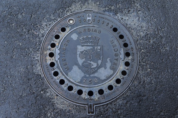 Manhole cover with city coat of arms of Medias, Romania