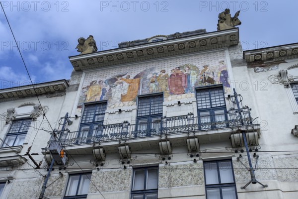 Art Nouveau house façade with coloured frescoes, residential building around 1900, Czernowicz, Ukraine
