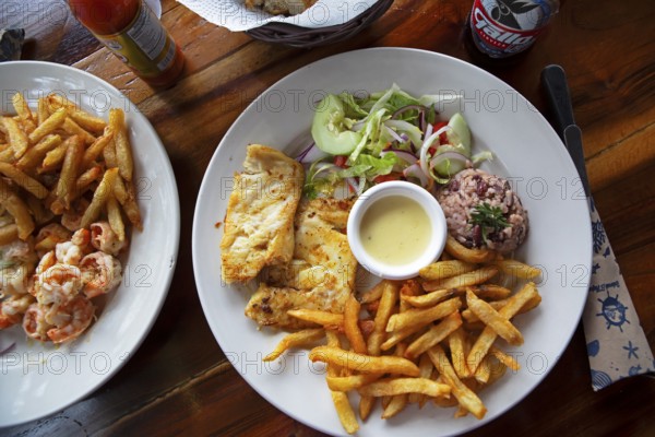 Hake with French fries, rice and salad, Rio Dulce River, Livingston, Izabal Department, Guatemala