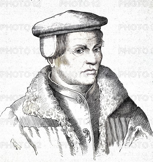 Thomas Müntzer (geboren um 1489, gestorben 27. Mai 1525) war ein Theologe, Reformator und Revolutionär in der Zeit des Bauernkrieges / Thomas Müntzer (born c. 1489, died May 27, 1525) was a theologian, reformer and revolutionary during the Peasants' War period, Historisch, digital restaurierte Reproduktion einer Originalvorlage aus dem 19. century, genaues Originaldatum nicht bekannt, nachträglich coloriert