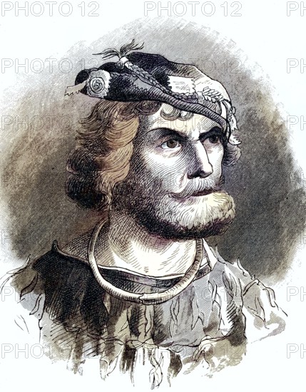 Florian Geyer, Florian Vulture of Giebelstadt, born around 1490, died June 10, 1525, was a Frankish imperial knight, troop leader in the service of Margrave Albert of Brandenburg-Ansbach and diplomat/Florian Geyer, Florian Vulture of Giebelstadt, born c. 1490, died June 10, 1525, was a Frankish imperial knight, commander of troops in the service of Margrave Algrave of Brandenburg-Ansbach, and diplomat, historical, digitally restored reproduction of an original model from the 19th century, exact original date unknown, colored later