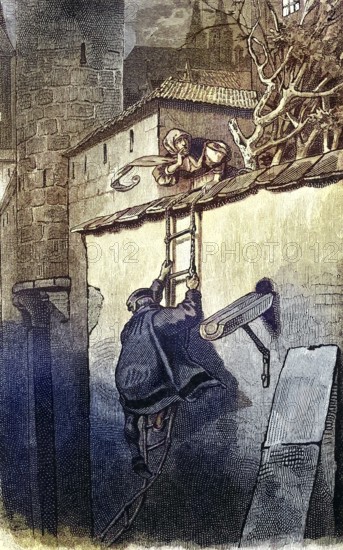 German Peasants' War, 1524-1526, Karlstadt's escape from Rotenburg. Johann Draconites, (born c. 1494, died April 18, 1566) was a German theologian, humanist philosopher and reformer / German Peasants' War, Karlstadt's escape from Rotenburg. 1494, died April 18, 1566) was a German theologian, humanist philosopher and reformer, Historical, digitally restored reproduction of an original from the 19th century, exact original date unknown, subsequently coloured