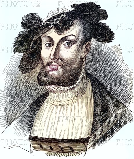 Ulrich von Württemberg (born 8 February 1487, died 6 November, 1550) was Duke of Württemberg 1498-1519 and 1534-1550. Er war der erste protestantische Fürst seines Territoriums / Ulrich von Württemberg (born February 8, 1487, died November 6, 1550) was Duke of Württemberg 1498-1519 and 1534-1550. He was the first Protestant prince of his territory, Historisch, digital restaurierte Reproduktion einer Originalvorlage aus dem 19. century, genaues Originaldatum nicht bekannt, nachträglich farbiert