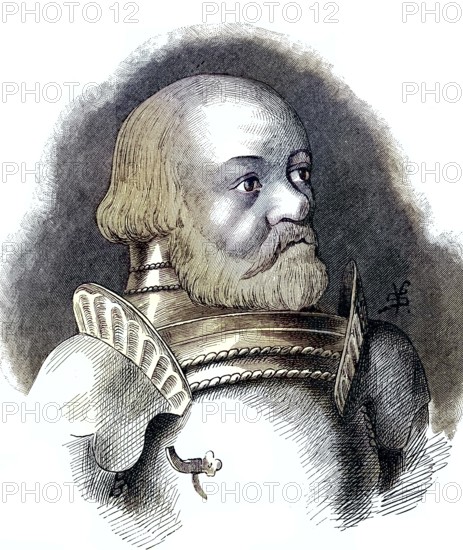 Gottfried Götz von Berlichingen zu Hornberg, mit der eisernen Hand, (born c. 1480, died 23 July 1562) war ein fränkischer Reichsritter / Gottfried Götz von Berlichingen zu Hornberg, with the iron hand, (born c. 1480, died July 23, 1562) was a Frankish imperial knight, Historical, digitally restored reproduction of an original from the 19th century, exact original date unknown, subsequently coloured