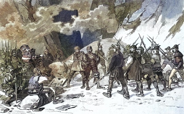 German Peasants' War, 1524-1526, execution of Setzenwei, Christoph Ganner-Setzenwein, Tiroler Bauernführer/German Peasants' War, execution of Setzenwein. Christoph Ganner-Setzenwein, Tyrolean Peasant Leader, historical, digitally restored reproduction of an original model from the 19th century, exact original date unknown, colored later