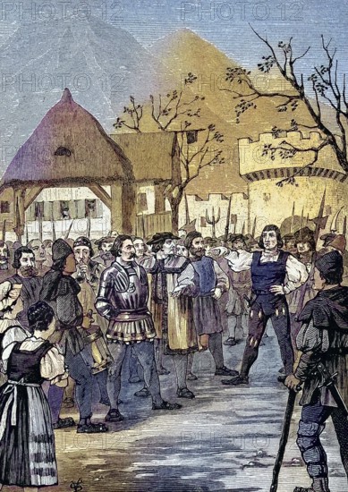 German Peasants' War, 1524-1526, Gericht über Dietrichstein/German Peasants' War, Court on Dietrichstein, historical, digitally restored reproduction of an original model from the 19th century, exact original date unknown, subsequently colored