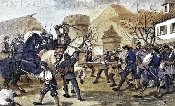 German Peasants' War, 1524-1526, Raid of Schladming/German Peasants' War, Raid of Schladming, historical, digitally restored reproduction of an original model from the 19th century, exact original date unknown, subsequently colored