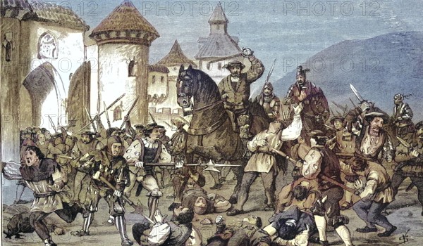 German Peasants' War, 1524-1526, The Carnage of Pedersheim/German Peasants' War, The Slaughter at Pedersheim, historical, digitally restored reproduction of an original model from the 19th century, exact original date not known, subsequently colored