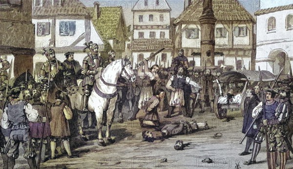 German Peasants' War, 1524-1526, Blutgericht zu Würzburg/German Peasants' War, Blood Court at Würzburg, historical, digitally restored reproduction of an original model from the 19th century, exact original date unknown, subsequently colored