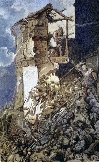 German Peasants' War, 1524-1526, Sturm auf das Schloss Ingolstadt/German Peasants' War, Storming Ingolstadt Castle, historical, digitally restored reproduction of an original model from the 19th century, exact original date not known, subsequently colored